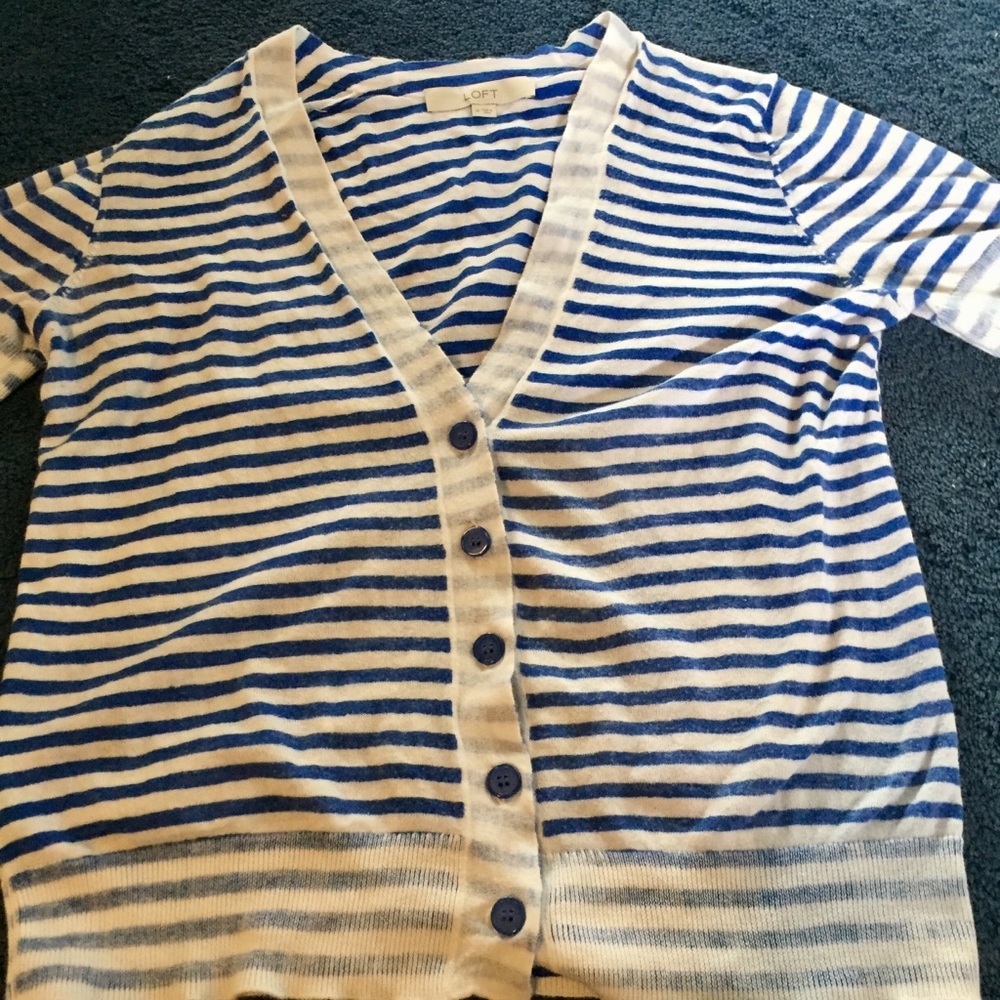 Loft blue white striped cardigan medium